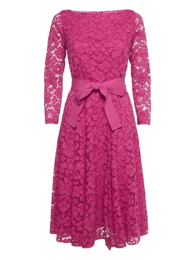 Pre-owned Carolina Herrera Vintage Belted Lace Midi Dress In Pink