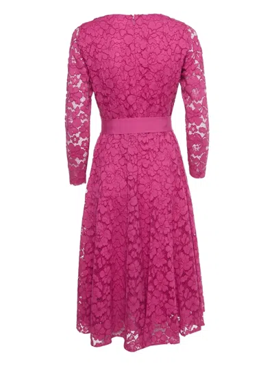 Pre-owned Carolina Herrera Vintage Belted Lace Midi Dress In Pink