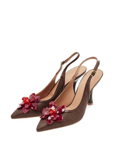 Pre-owned Malone Souliers Flower-detail Slingback Pumps In Brown