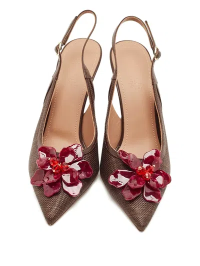 Pre-owned Malone Souliers Flower-detail Slingback Pumps In Brown