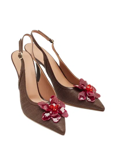 Pre-owned Malone Souliers Flower-detail Slingback Pumps In Brown