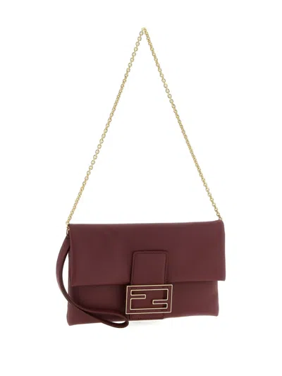 Fendi Nappa Leather Mamma Baguette Pouch With Chain In Burgundy