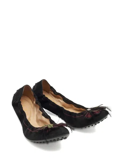Pre-owned Tod's Feather-detail Ballet Flats In Black