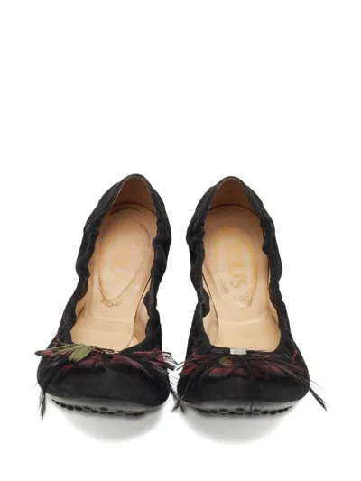 Pre-owned Tod's Feather-detail Ballet Flats In Black