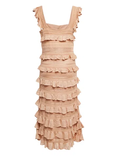 Pre-owned Zimmermann Knit Frilled Midi Dress In Neutral