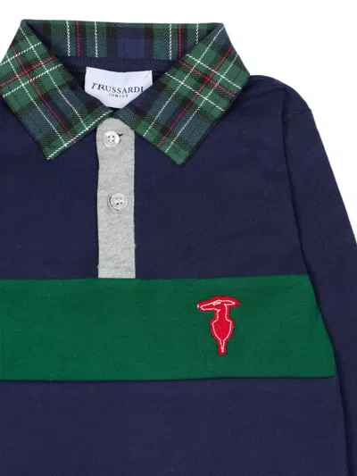 Trussardi Junior Plaid Collar Long-sleeve Polo Shirt In Blue