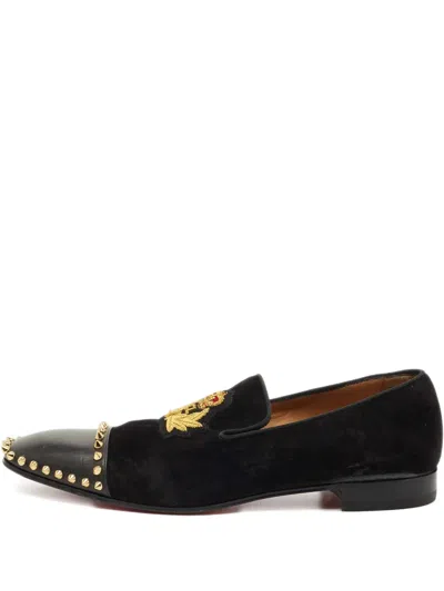 Pre-owned Christian Louboutin Captain Loubi Suede Embroidery Loafers In Black