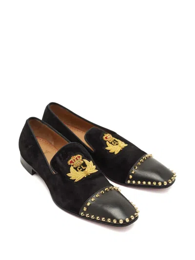 Pre-owned Christian Louboutin Captain Loubi Suede Embroidery Loafers In Black