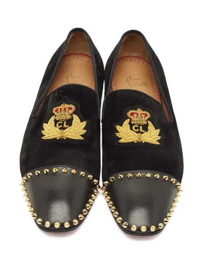 Pre-owned Christian Louboutin Captain Loubi Suede Embroidery Loafers In Black