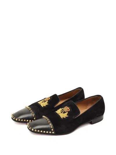 Pre-owned Christian Louboutin Captain Loubi Suede Embroidery Loafers In Black