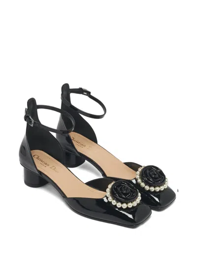 Pre-owned Dior Rose Flower Leather Pumps In Black