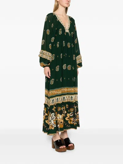 Farm Rio Ayla Green Maxi Dress With All-over Floral Motif In Viscose Woman