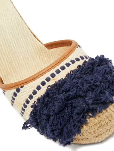 Pre-owned Tory Burch Canvas Leather Wedge Espadrilles In Neutral