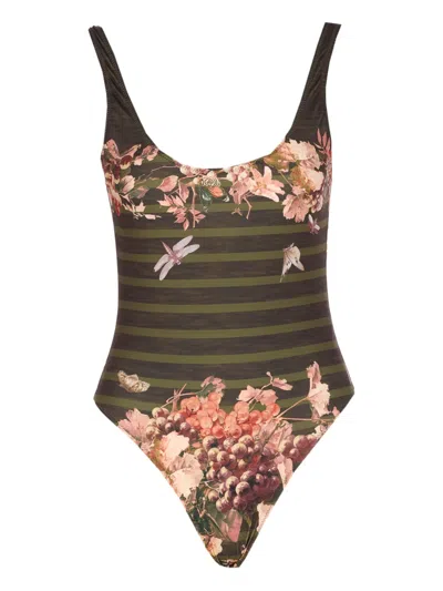 Jean Paul Gaultier Women Mariniere Grape Printed Swimsuit In Green