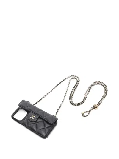 Pre-owned Chanel 2021s Caviar-leather Iphone 14 Pro Case In Black