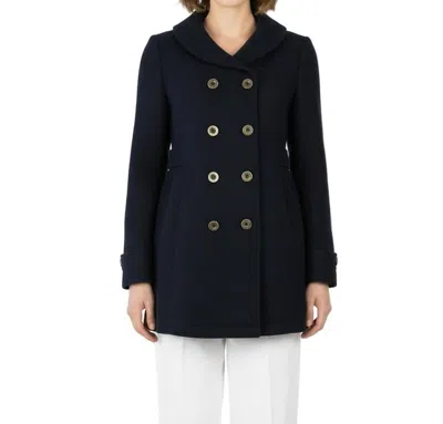 Tulle Double Breasted Coat With Shawl Collar In Navy Blue In Blue