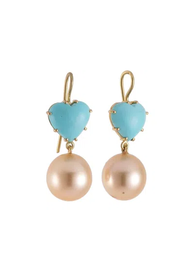 Sylva & Cie Turquoise Pearl Heart Earrings In Gold