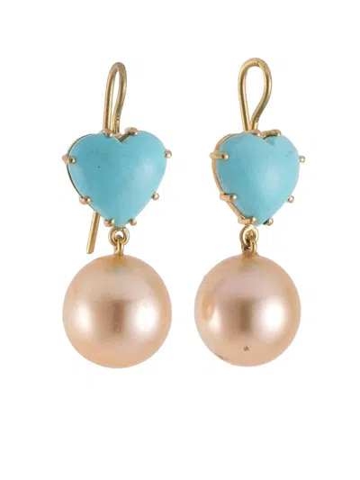 Sylva & Cie Turquoise Pearl Heart Earrings In Gold