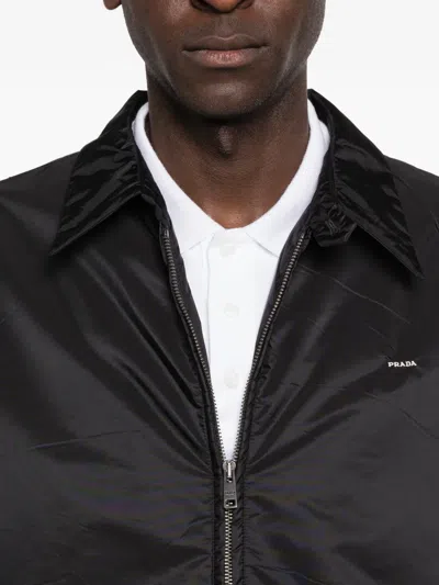 Prada Zipped Nylon Jacket With Logo Embroidery In Black