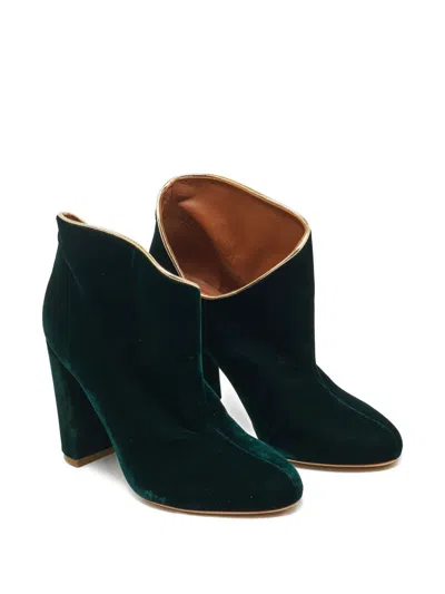 Pre-owned Malone Souliers Eula Velvet Block-heel Boots In Green