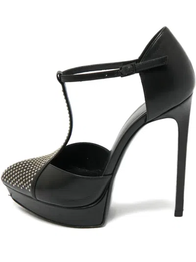 Pre-owned Saint Laurent Leather Platform T-bar Pumps In Black