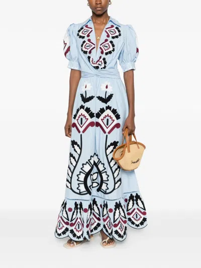 Farm Rio Embroidered Puff-sleeve Maxi Dress In Blue