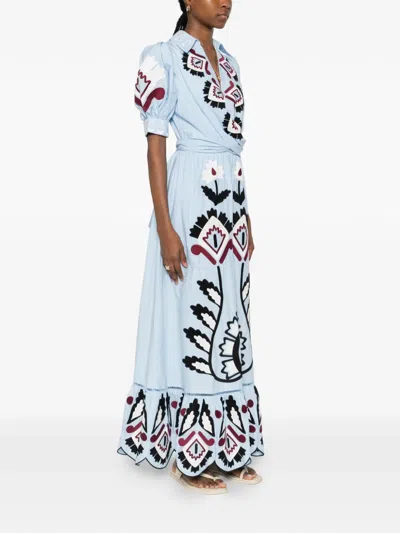 Farm Rio Embroidered Puff-sleeve Maxi Dress In Blue