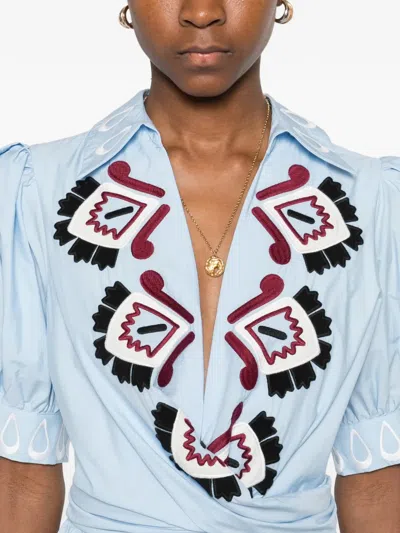 Farm Rio Embroidered Puff-sleeve Maxi Dress In Blue