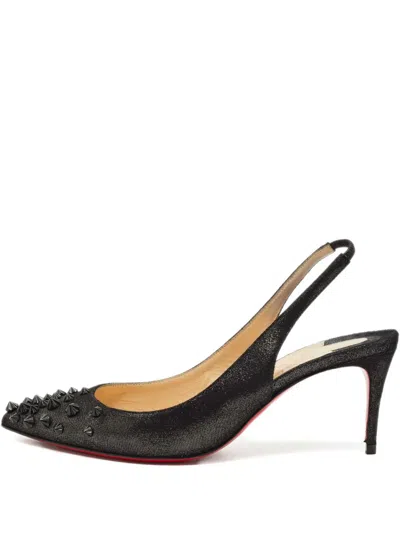 Pre-owned Christian Louboutin Drama Spikes Suede Slingback Pumps In Black
