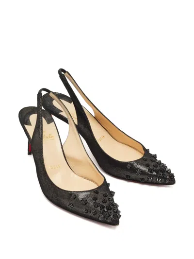 Pre-owned Christian Louboutin Drama Spikes Suede Slingback Pumps In Black