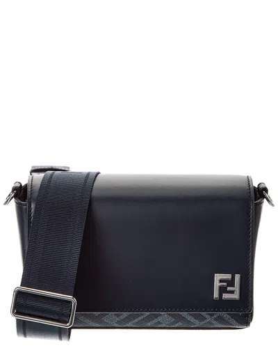 Fendi Squared Ff & Canvas Shoulder Bag In Blue