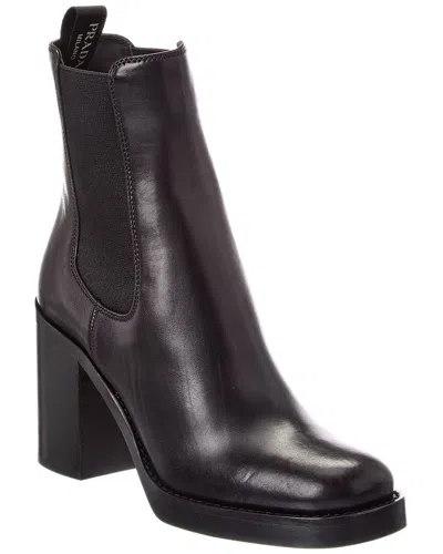 Prada Logo Leather Bootie In Black