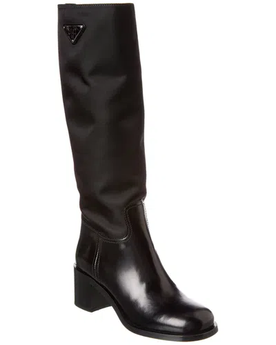Prada Nylon & Leather Knee High Boot In Black
