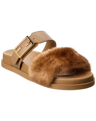 Fendi Luxe Fur Strap Buckle Slides In Brown