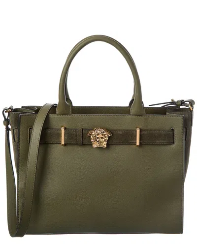 Versace Medusa Large Leather & Suede Tote In Green