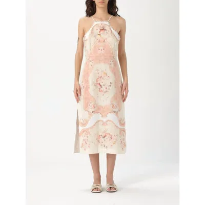 Twinset Midi Dress In White Linen With Print In Multi
