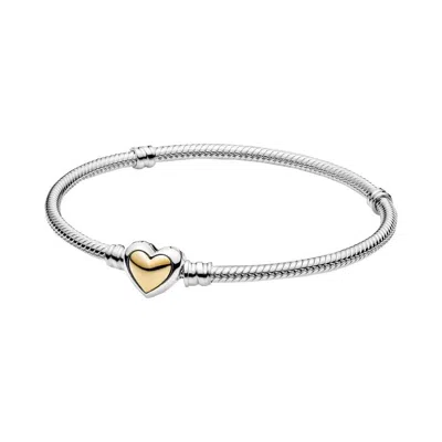 Pandora Domed Golden Heart Clasp Snake Chain Bracelet In Metallic