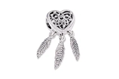 Pandora Openwork Heart & Three Feathers Dreamcatcher Charm In Metallic