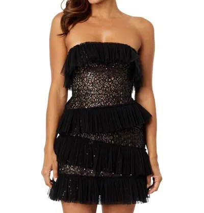 Bcbgmaxazria Ruffle Lace Fringe Sequin Mini Dress In Black In Black