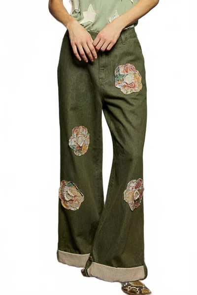 Pol Charleston Wide Leg Denim Daisy Patchwork Cuff Jeans In Olive In Green