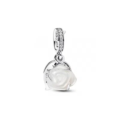 Pandora White Rose Bloom Double Dangle Charm In Sterling Silver In Metallic