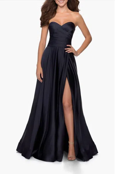 La Femme Strapless Satin Gown With Pleated Bodice And Slit In Navy In Blue