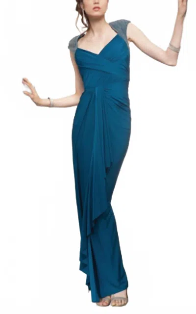 Mignon Beaded Cap Sleeve Gown In Teal In Blue