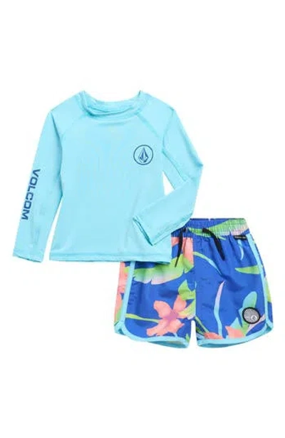 Volcom Long Sleeve Rashguard & Swim Trunks In Blue