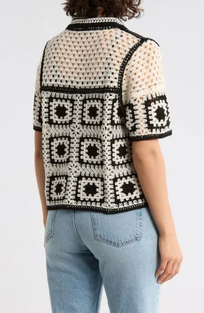 Forgotten Grace Open Knit Square Polo Sweater In Black