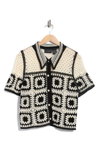 Forgotten Grace Open Knit Square Polo Sweater In Black