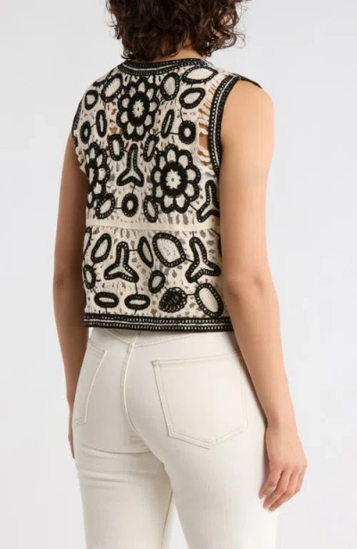 Forgotten Grace Floral Embroidered Open Knit Button Tank In Black