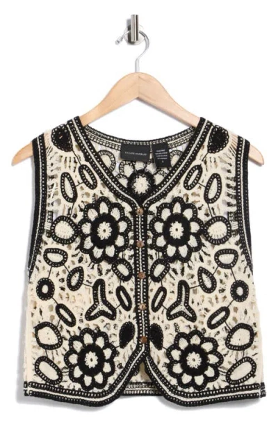 Forgotten Grace Floral Embroidered Open Knit Button Tank In Black