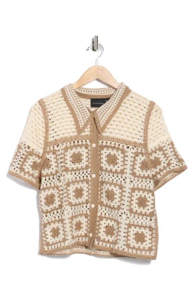 Forgotten Grace Open Knit Square Polo Sweater In Brown