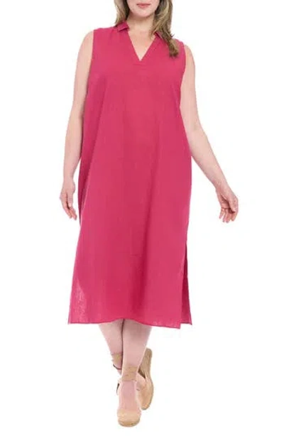 London Times Collared Popover Linen Blend Midi Dress In Red
